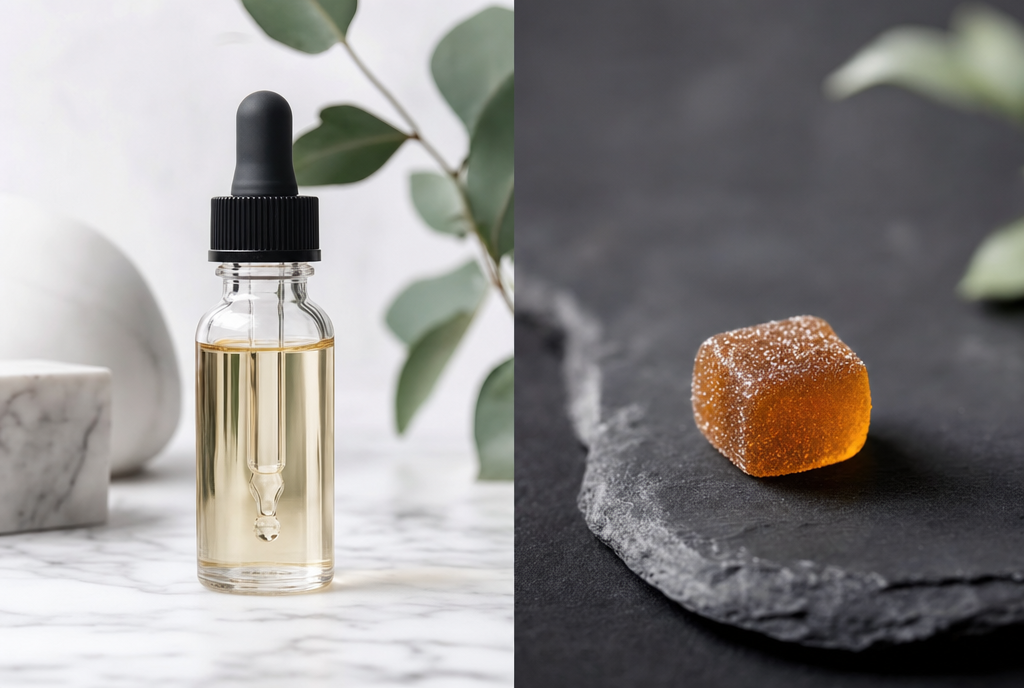 CBD tincture and Delta-9 THC gummy editorial product photo
