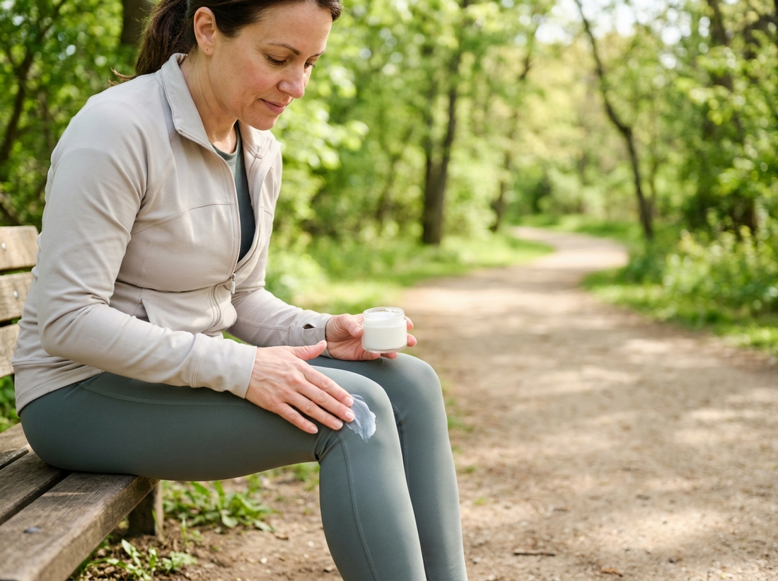 Active adult applying relief cream to knee joint outdoors after a run