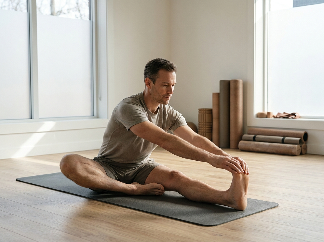 Athlete stretching on a yoga mat during post-workout muscle recovery