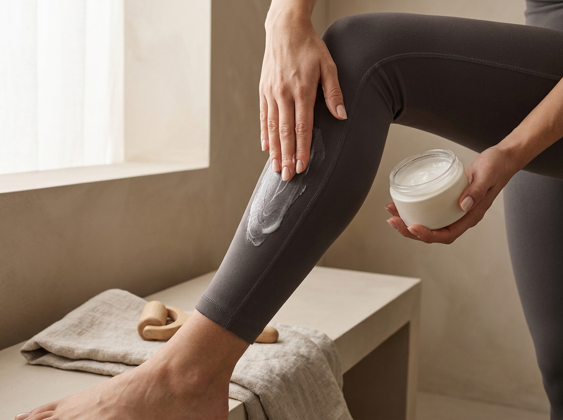 Hands massaging relief cream into a calf muscle after a workout