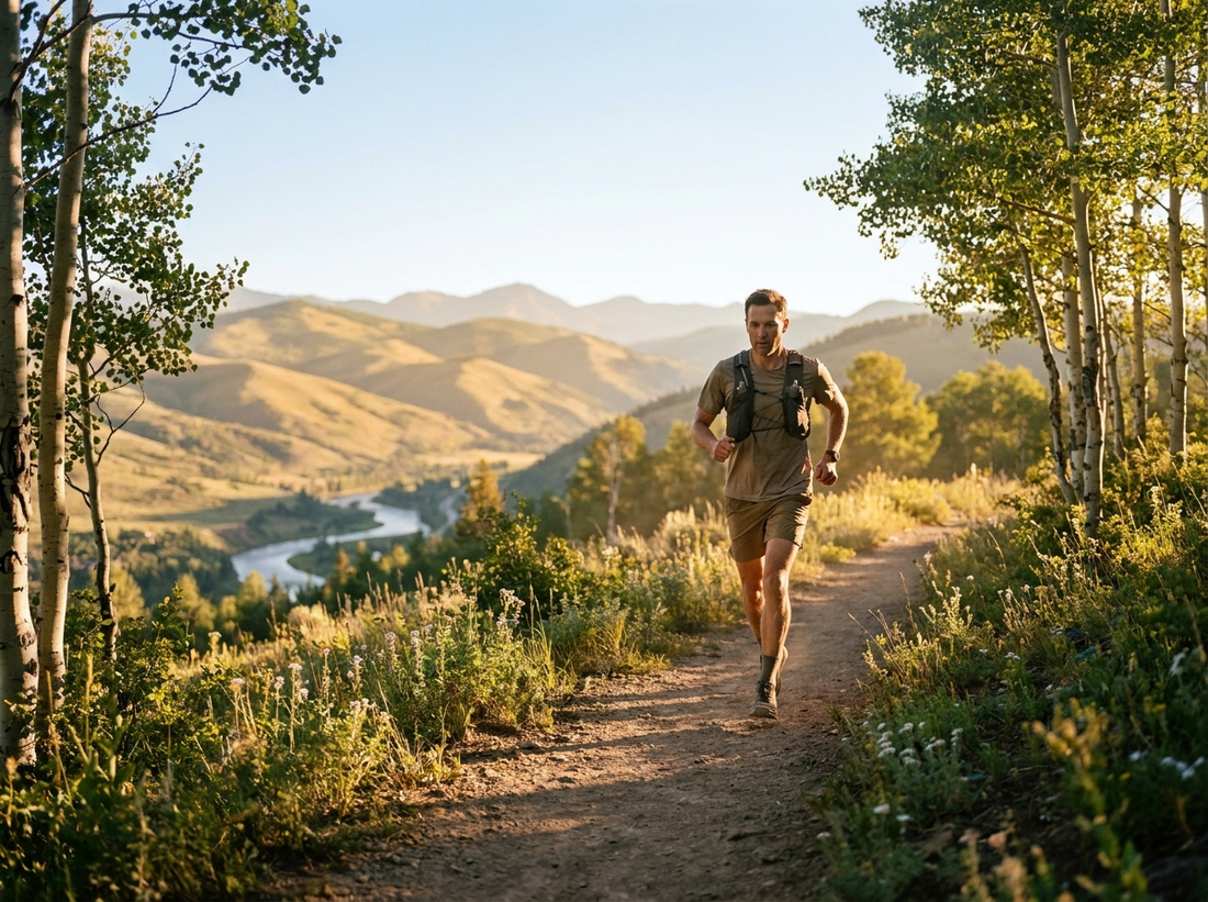 Trail runner on a sunlit Colorado mountain trail in summer morning light