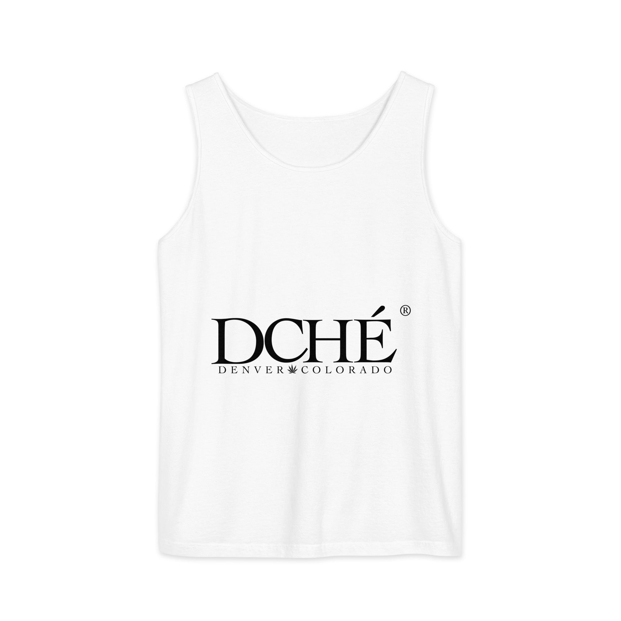 DCHÉ Unisex Garment-Dyed Tank Top on model — soft washed cotton unisex streetwear