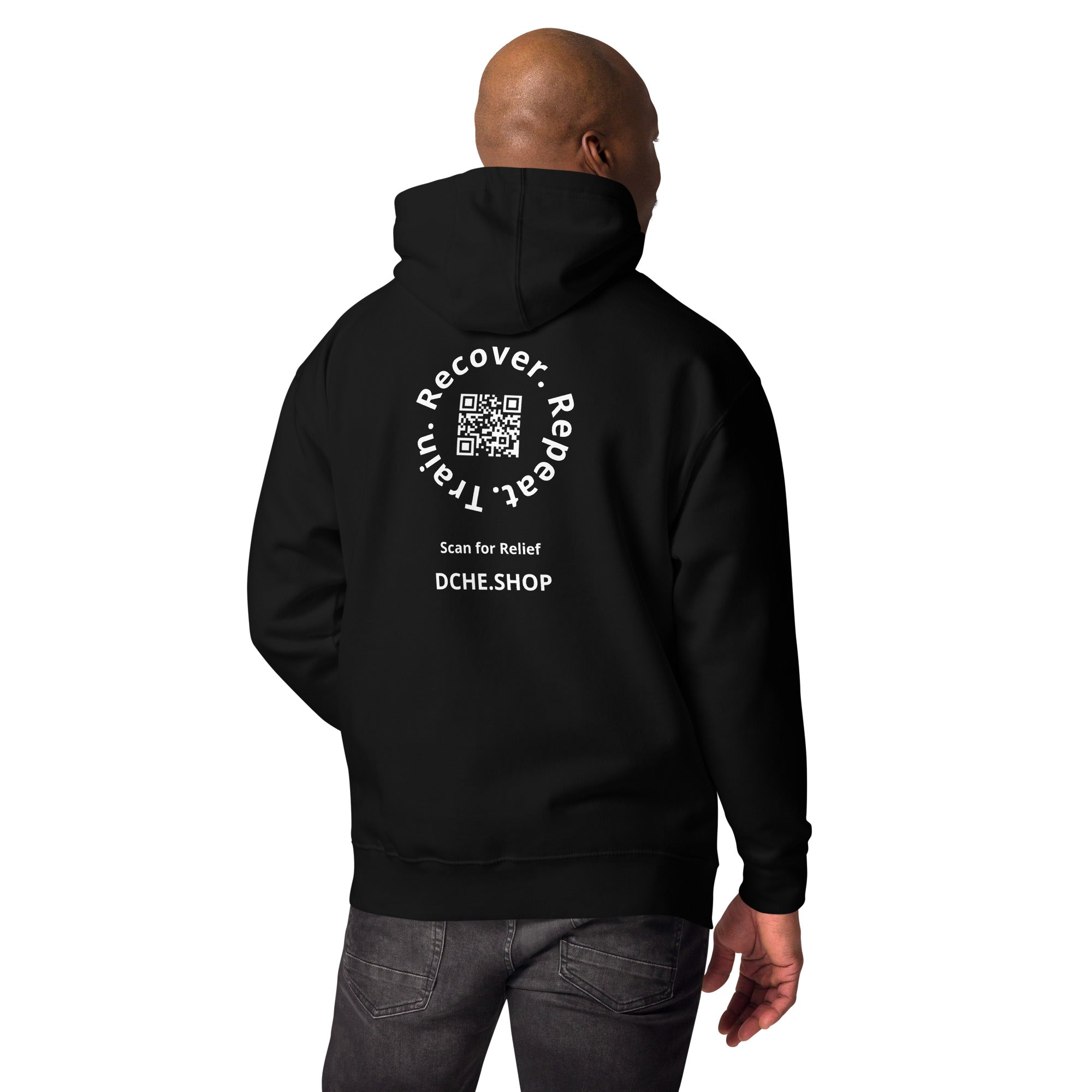 DCHÉ Unisex Hoodie back view — embroidered logo relaxed fit pullover hoodie