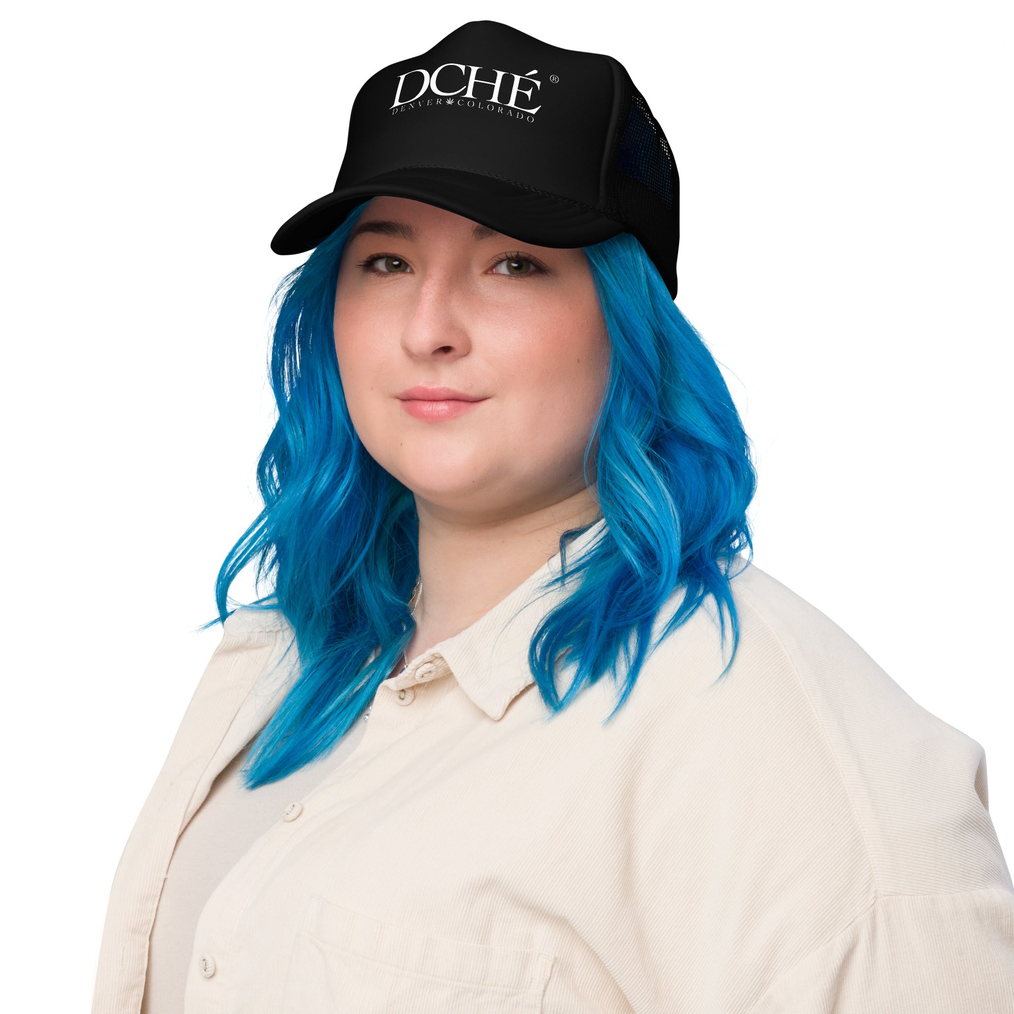 DCHÉ Trucker Hat worn — unisex one-size-fits-most adjustable snapback