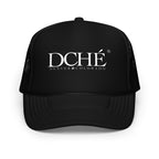DCHÉ Trucker Hat front view — mesh snapback cap with embroidered DCHÉ logo