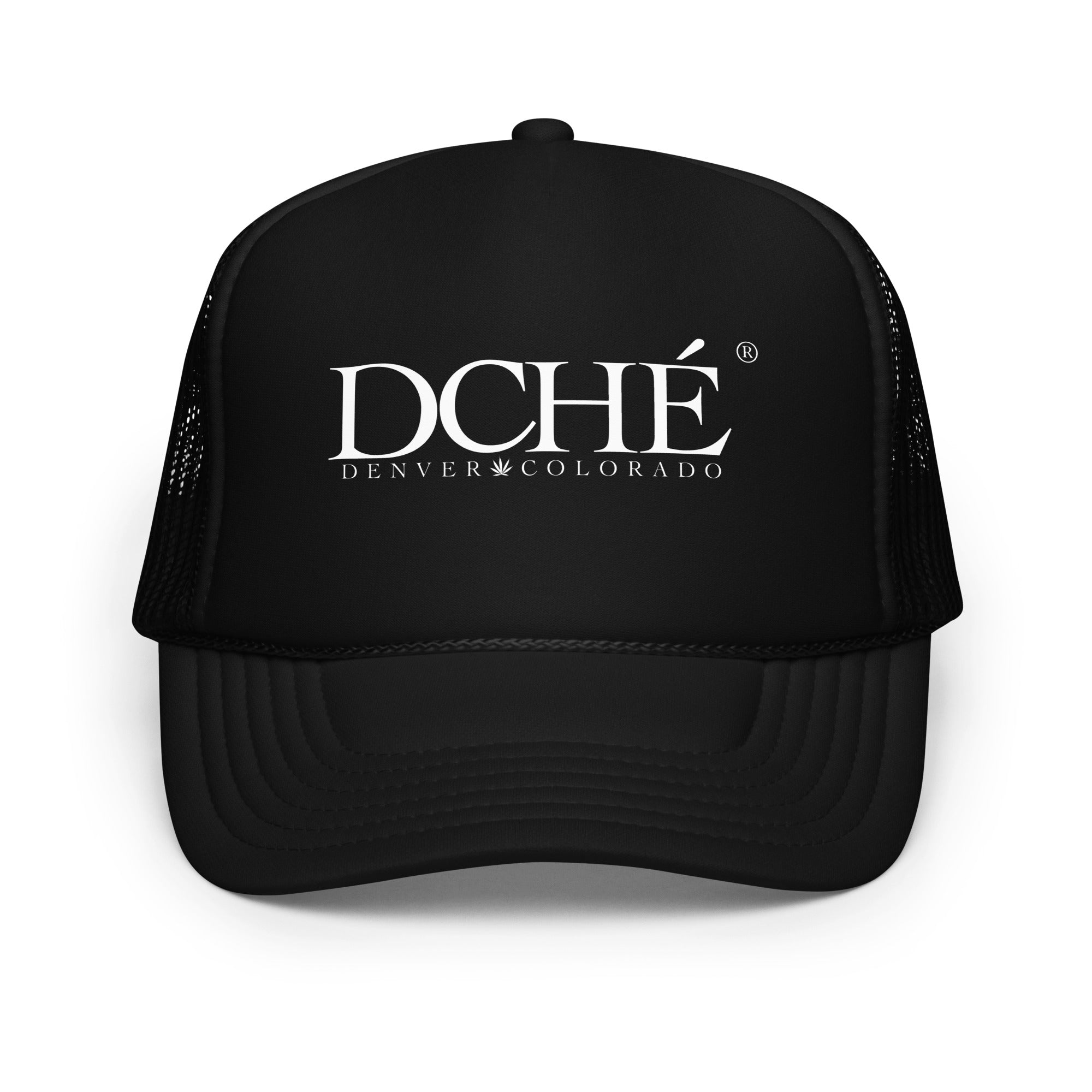 DCHÉ Trucker Hat front view — mesh snapback cap with embroidered DCHÉ logo