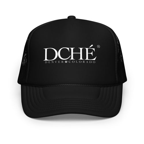 DCHÉ Trucker Hat front view — mesh snapback cap with embroidered DCHÉ logo