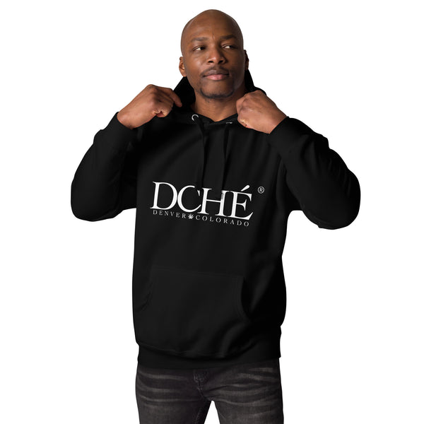 DCHÉ Unisex Hoodie front view — premium black cotton streetwear hoodie with embroidered logo
