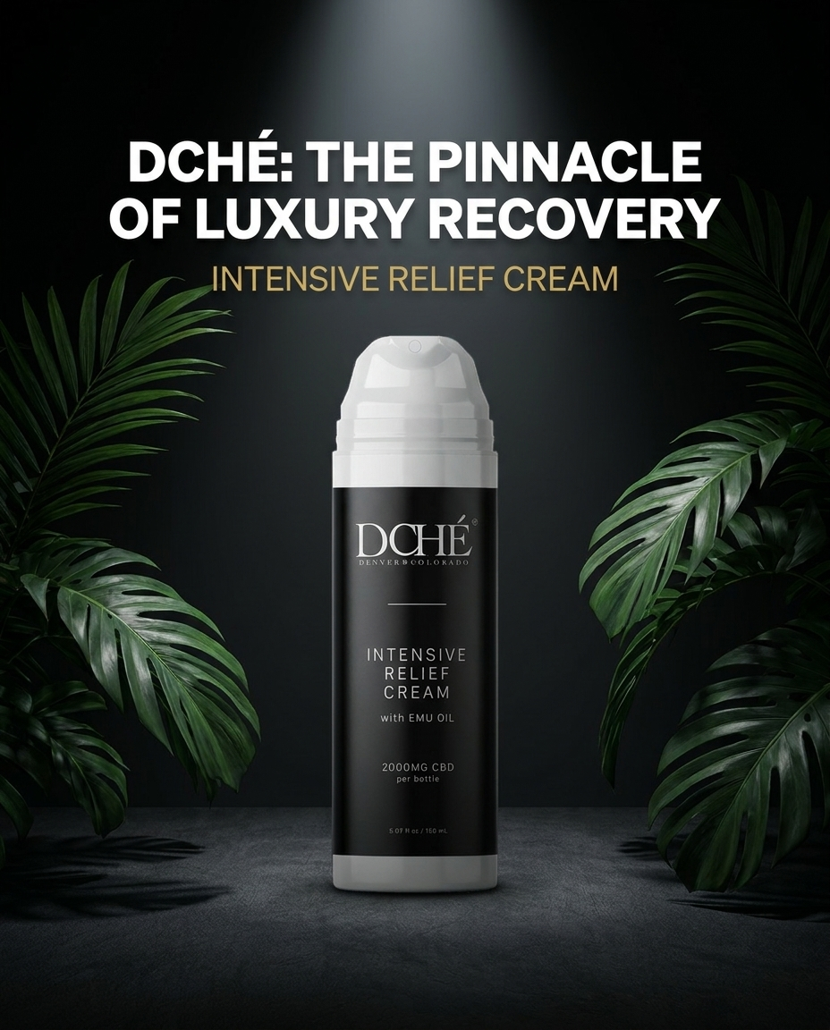 DCHÉ Intensive Relief Cream — dark luxury ad with botanical framing
