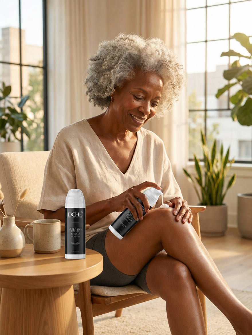 DCHÉ Intensive Relief Cream — woman in shorts applying cream to knee