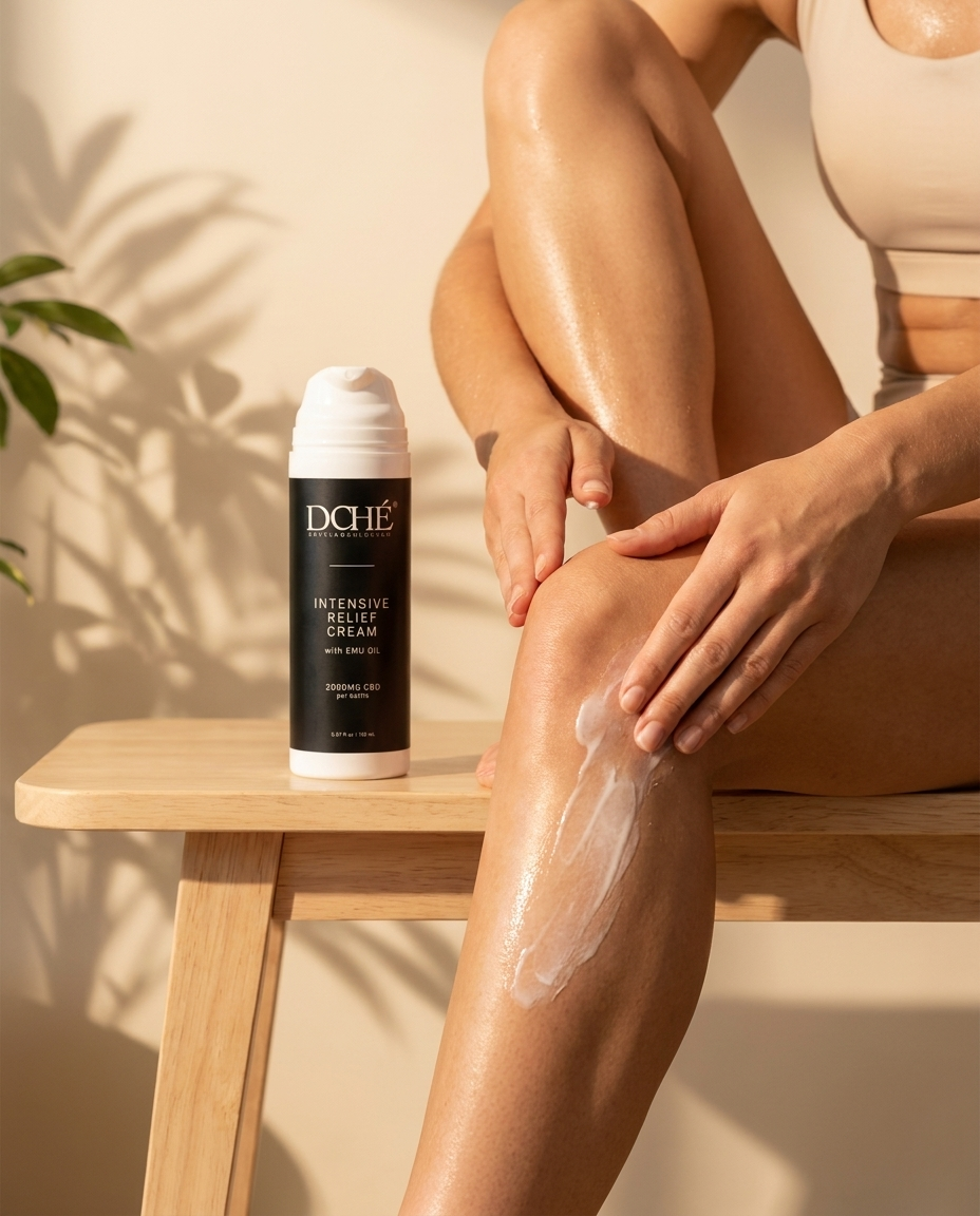 Applying DCHÉ Intensive Relief Cream to the knee after a workout