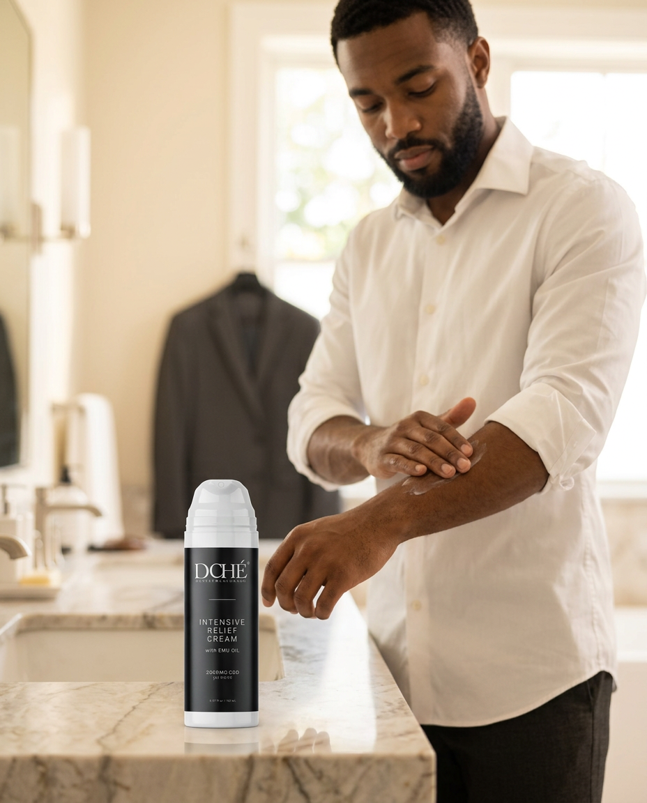 Professional getting ready for the workday, applying DCHÉ Intensive Relief Cream to his forearm