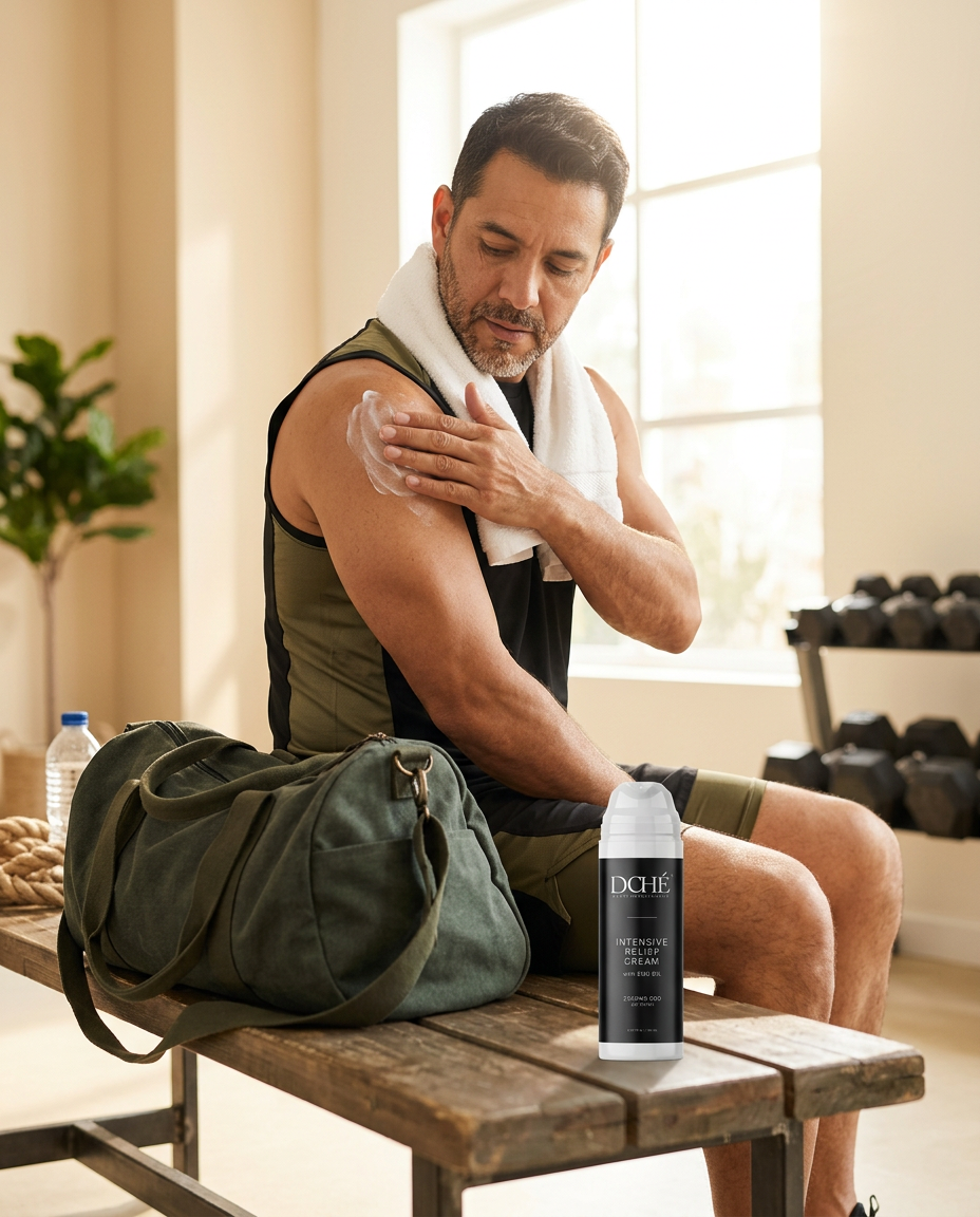 Athlete applying DCHÉ Intensive Relief Cream to his shoulder after training