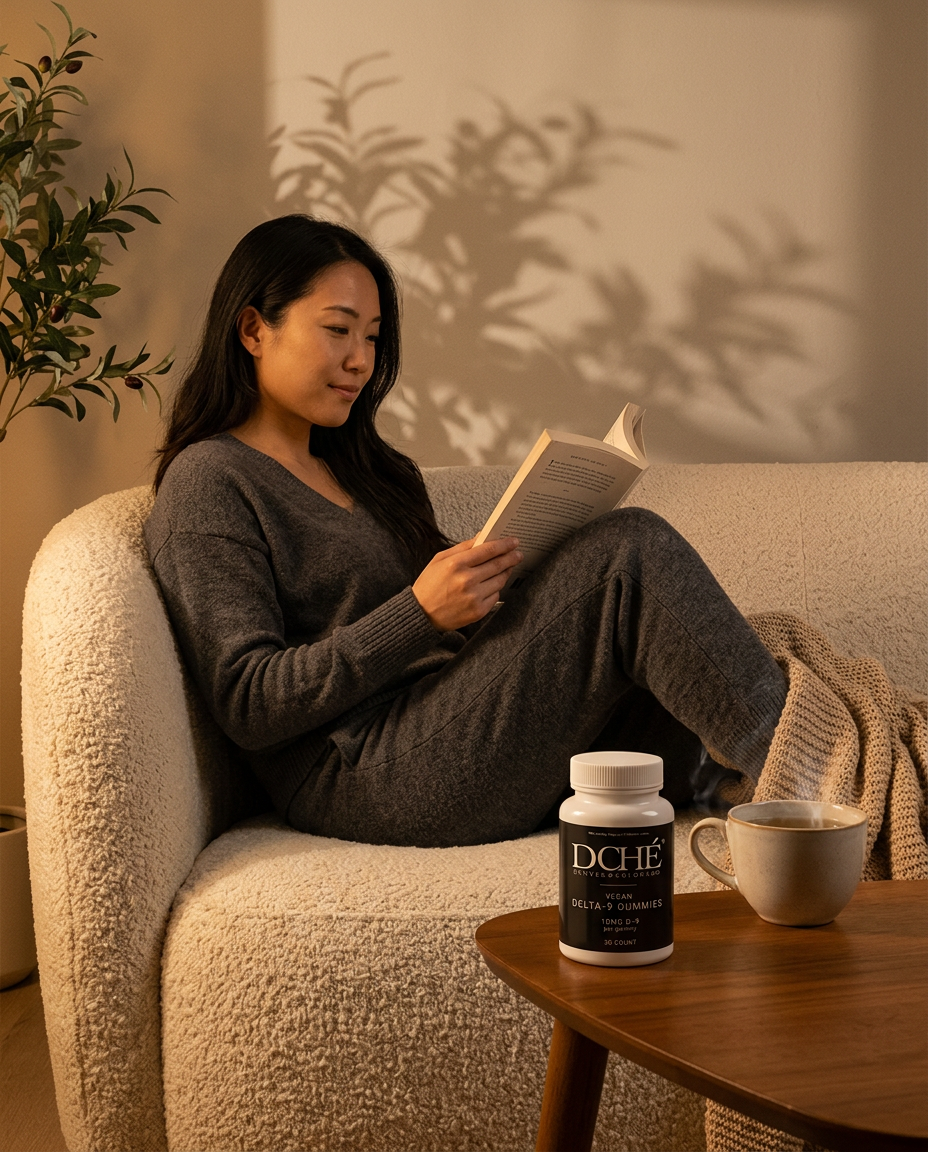 Evening wind-down with a book and tea, DCHÉ Delta-9 Gummies on the side table