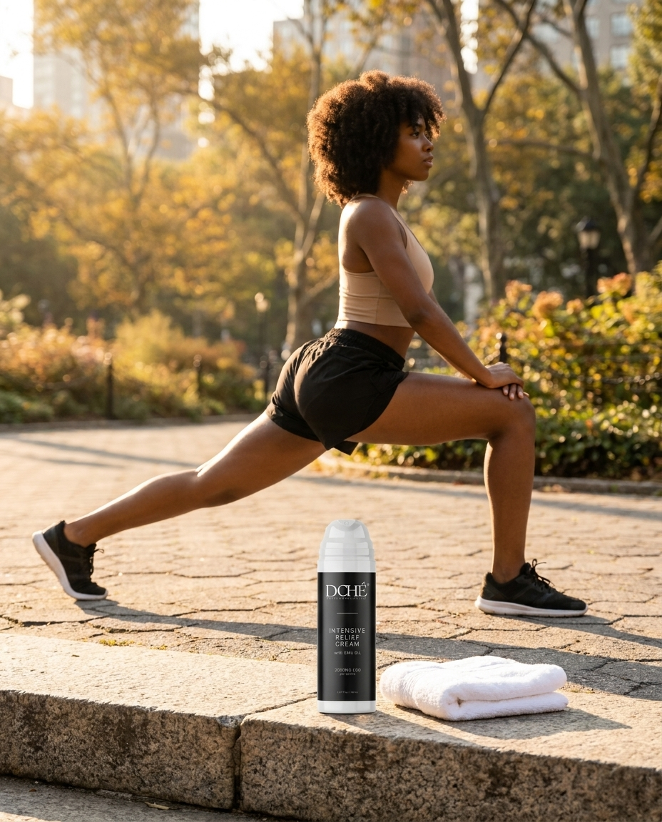 Runner stretching at sunrise before a run, DCHÉ Intensive Relief Cream in the foreground